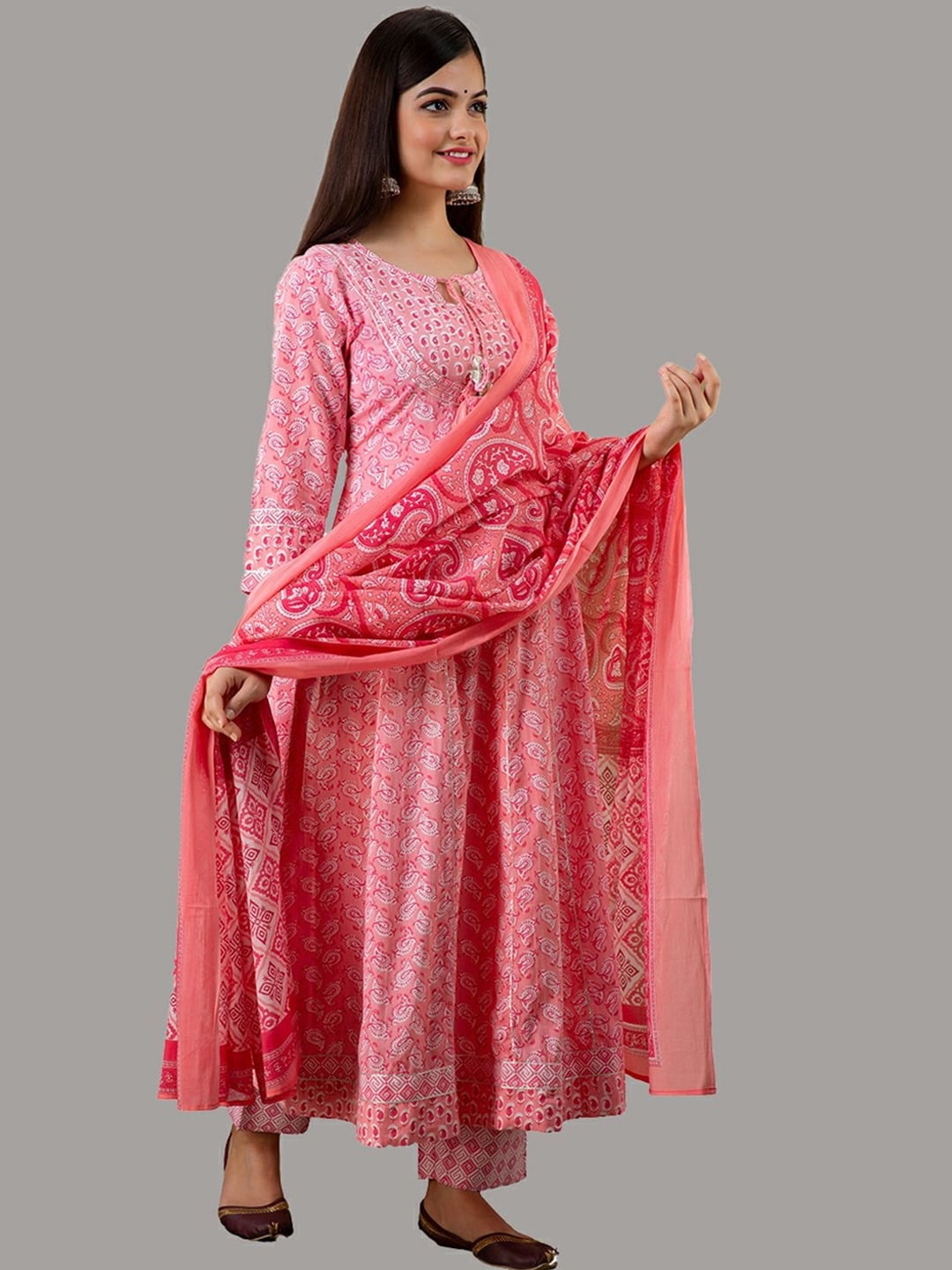 Kalini Women Pink Floral Printed Empire Pure Cotton Kurta & Trousers With Dupatta - Distacart
