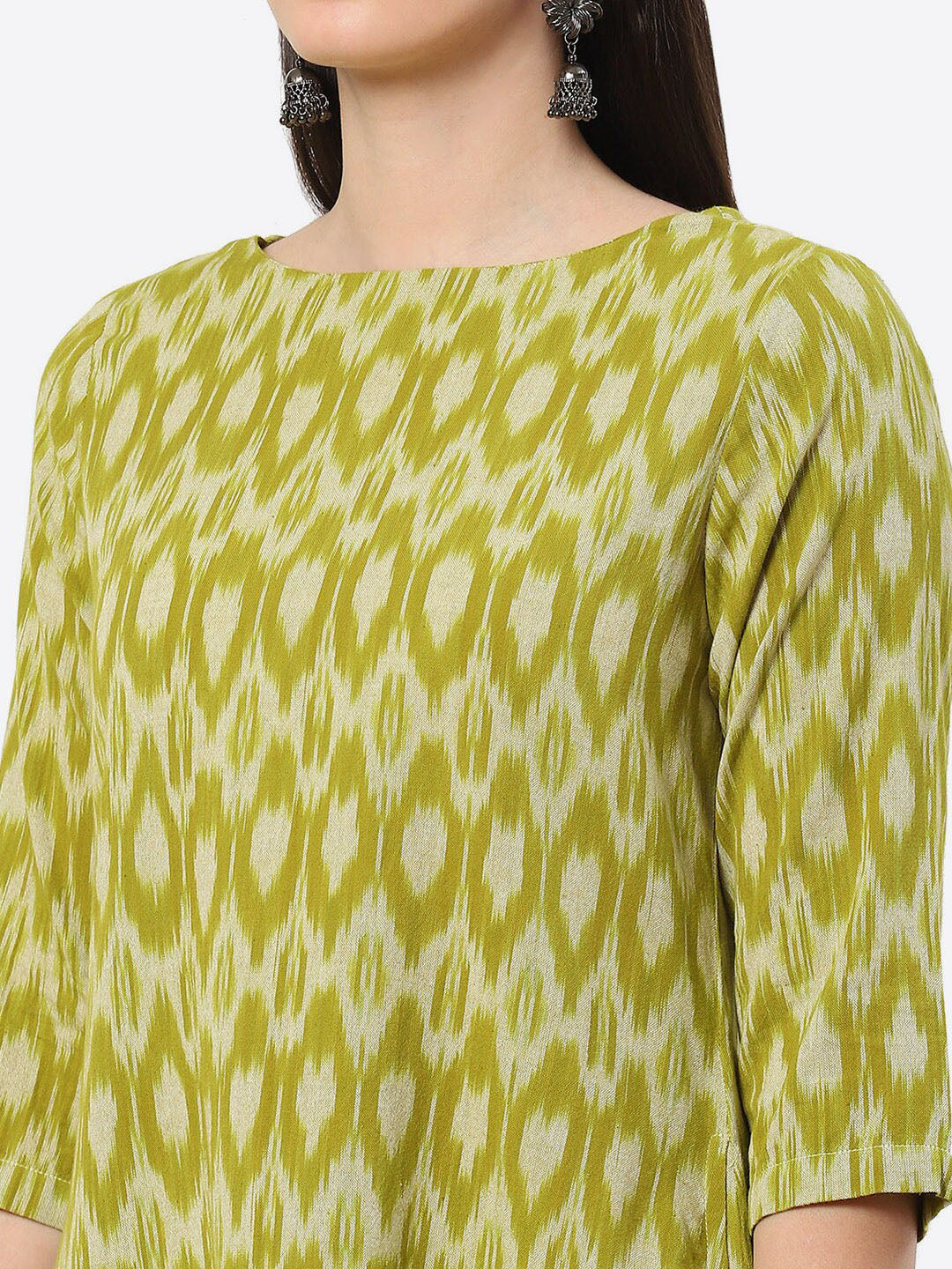 Biba Ethnic Motifs Woven Design Ikat Boat Neck Pure Cotton Kurta - Distacart