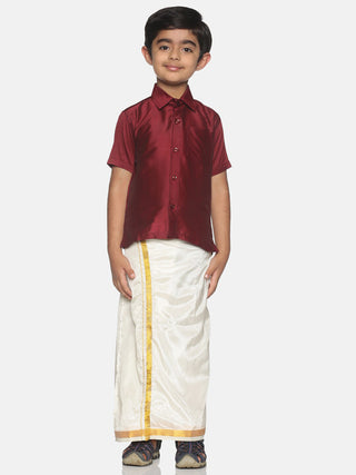 Sethukrishna Boys Maroon & White Solid Shirt and Veshti Set - Distacart