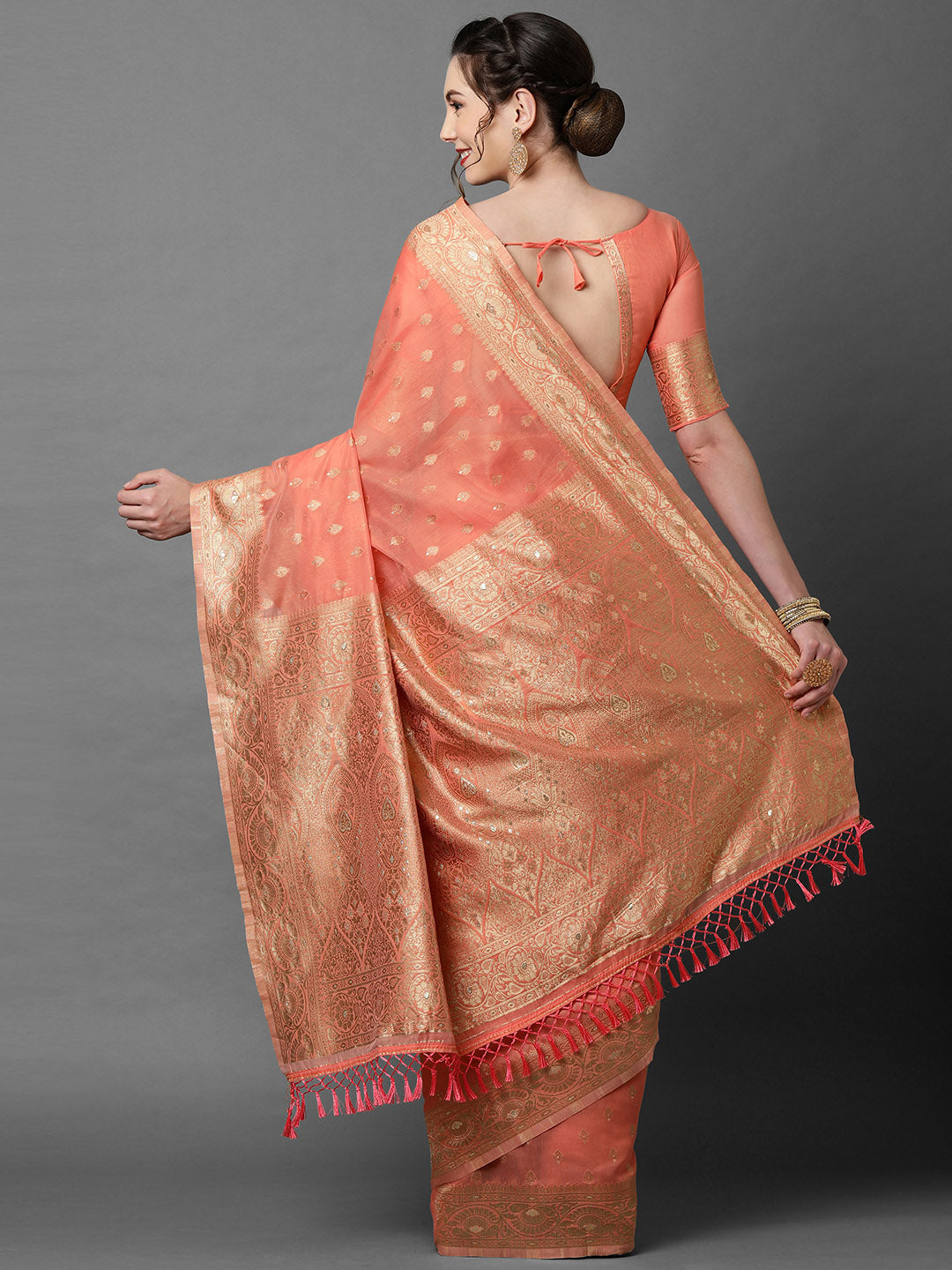 Mitera Peach-Coloured & Gold Floral Woven Design Silk Blend Banarasi Saree - Distacart