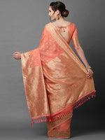Thumbnail for Mitera Peach-Coloured & Gold Floral Woven Design Silk Blend Banarasi Saree - Distacart