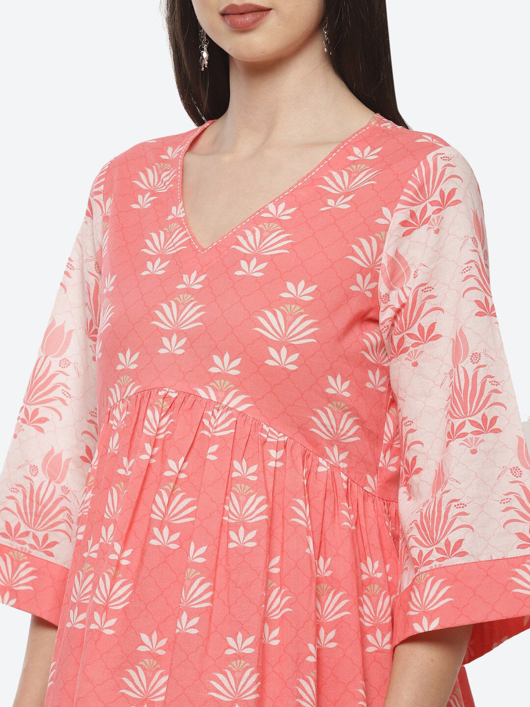 Biba Women Peach-Coloured Floral Printed Pleated Pure Cotton Kurta with Trousers - Distacart