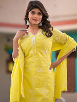 Thumbnail for Sangria Yellow Embroidered Pure Cotton Straight Kurta With Trouser & Dupatta - Distacart