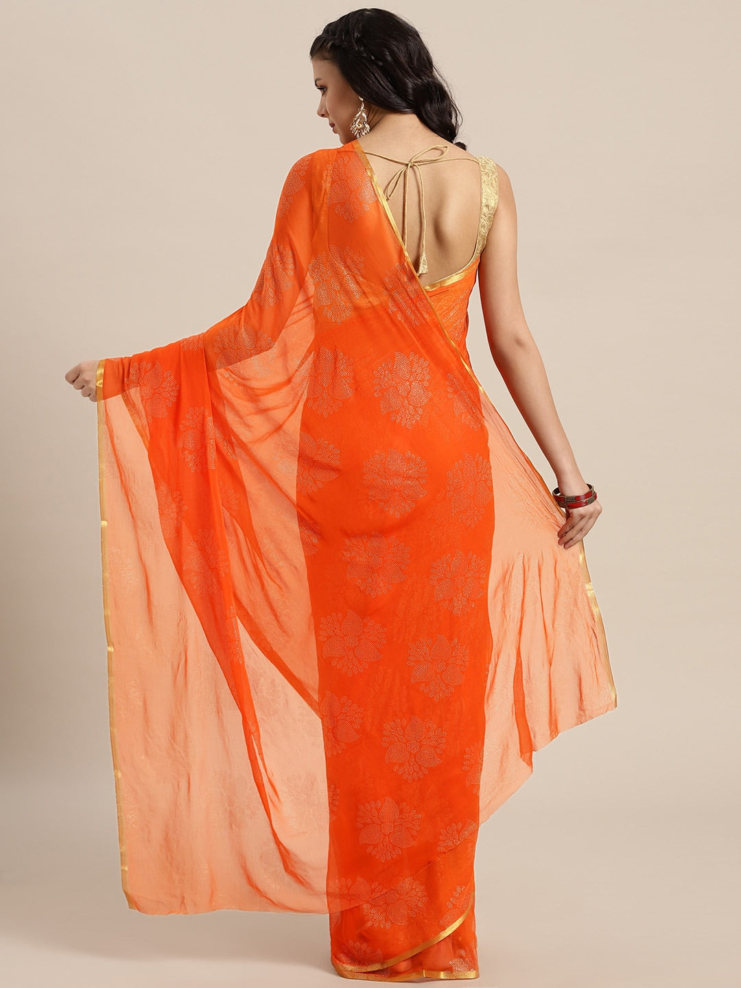 Saree Mall Orange & Golden Printed Saree - Distacart