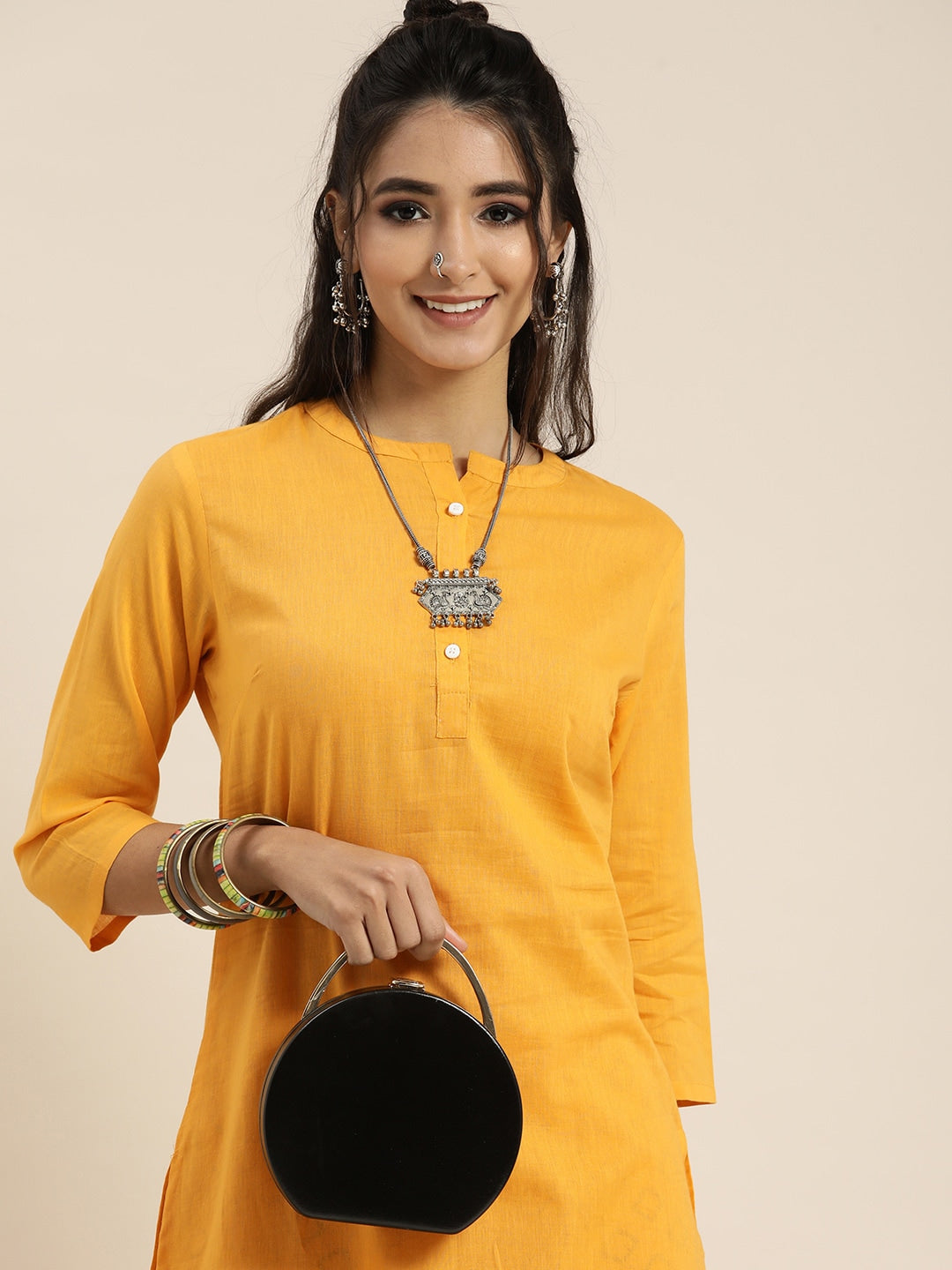 Sangria Women Yellow & Black Pure Cotton Kurta with Salwar - Distacart