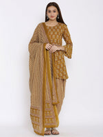 Thumbnail for HERE&NOW Mustard Yellow Floral Printed A-Line Kurta with Dhoti Pants & With Dupatta - Distacart