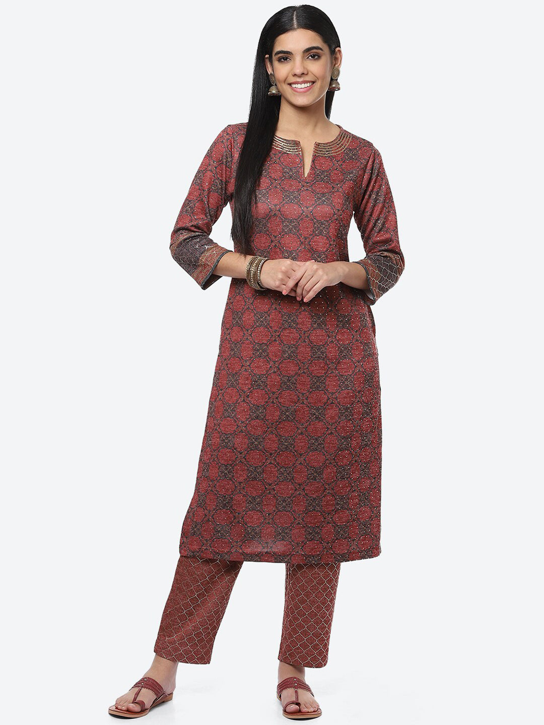 Biba Women Ethnic Motifs Printed Mukaish Kurta with Trousers - Distacart