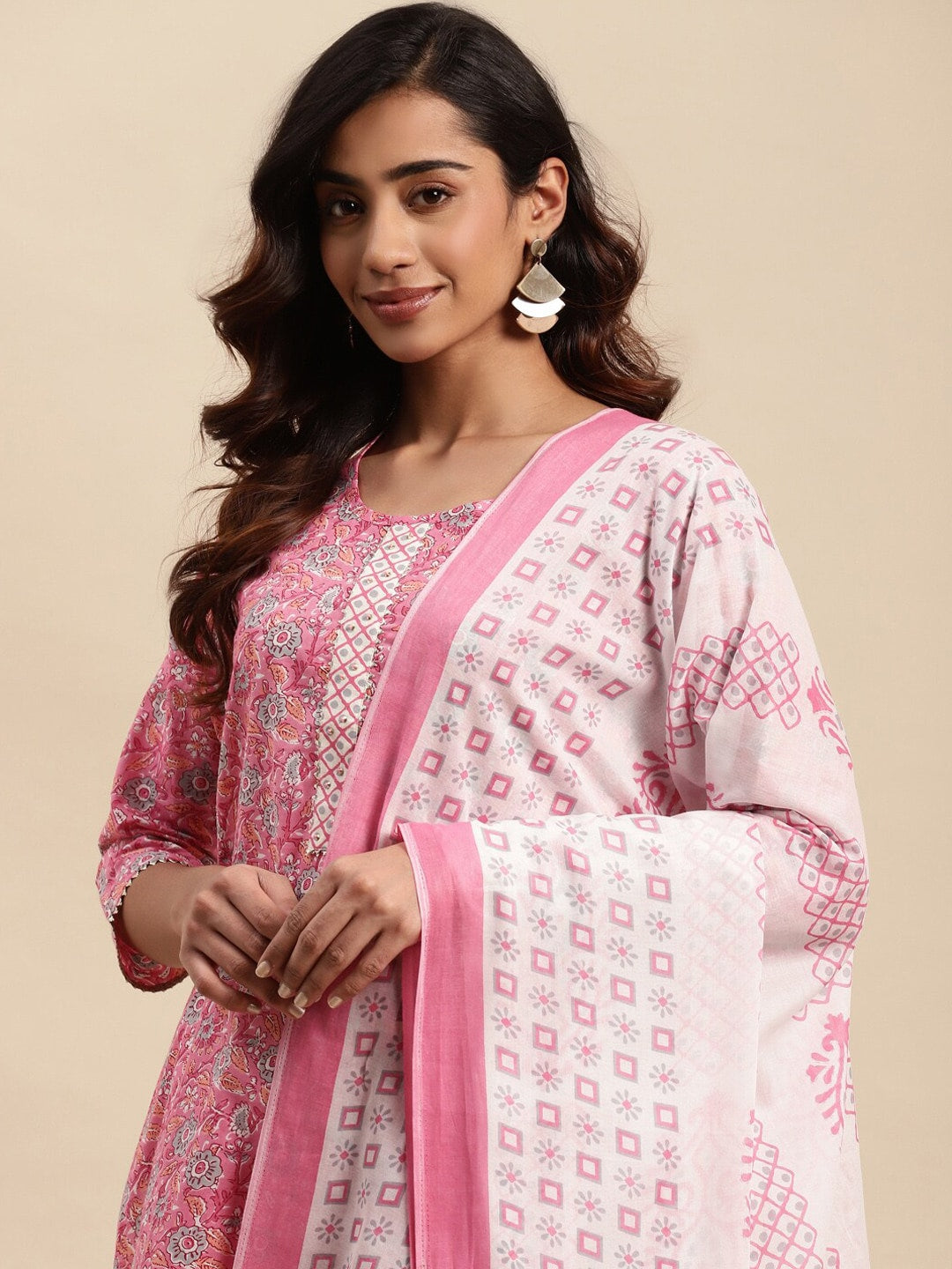 Sangria Floral Printed Gotta Patti Pure-Cotton A-Line Kurta With Trouser & Dupatta - Distacart