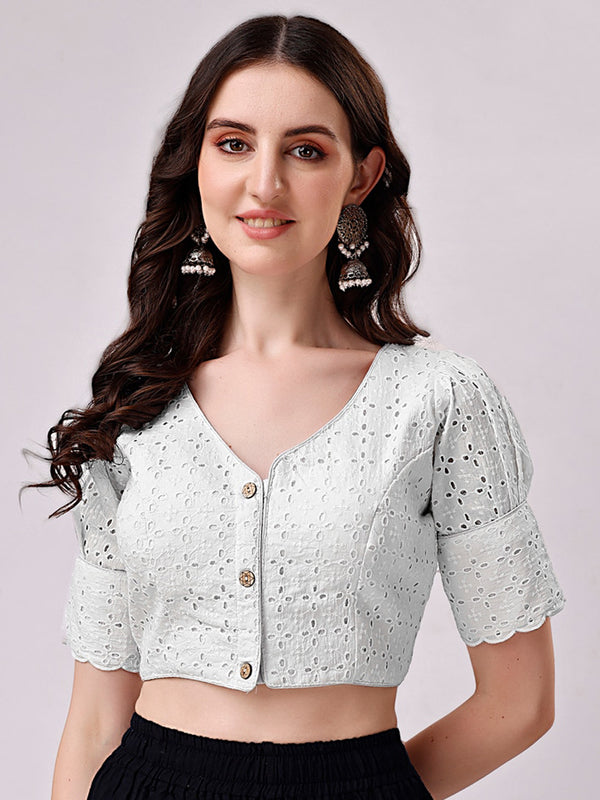 Tikhi Imli White Embroidered V-Neck Thread Work Detailed Cotton Saree Blouse - Distacart