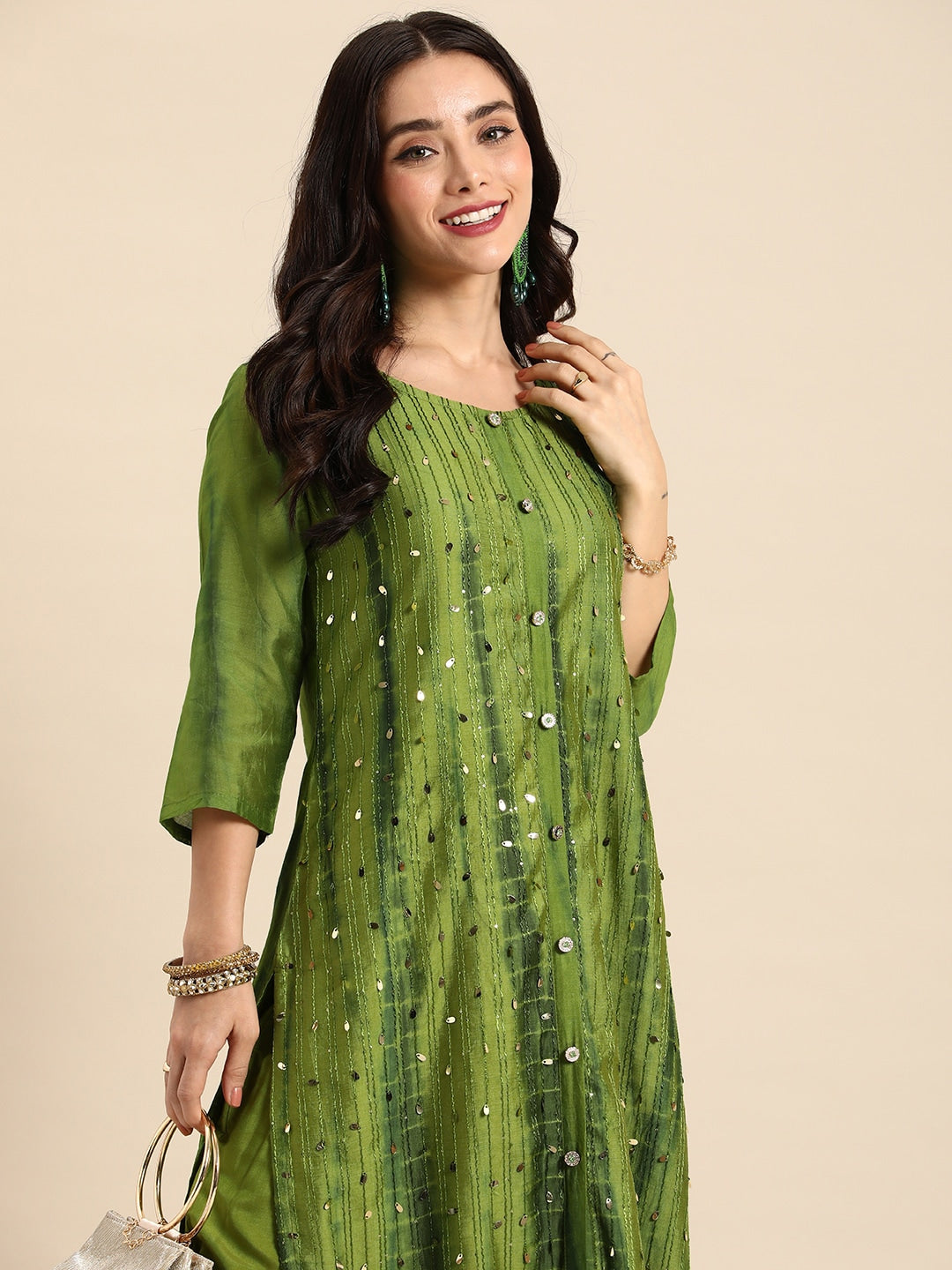 Sangria Women Dyed Regular Sequinned Kurta with Trousers - Distacart
