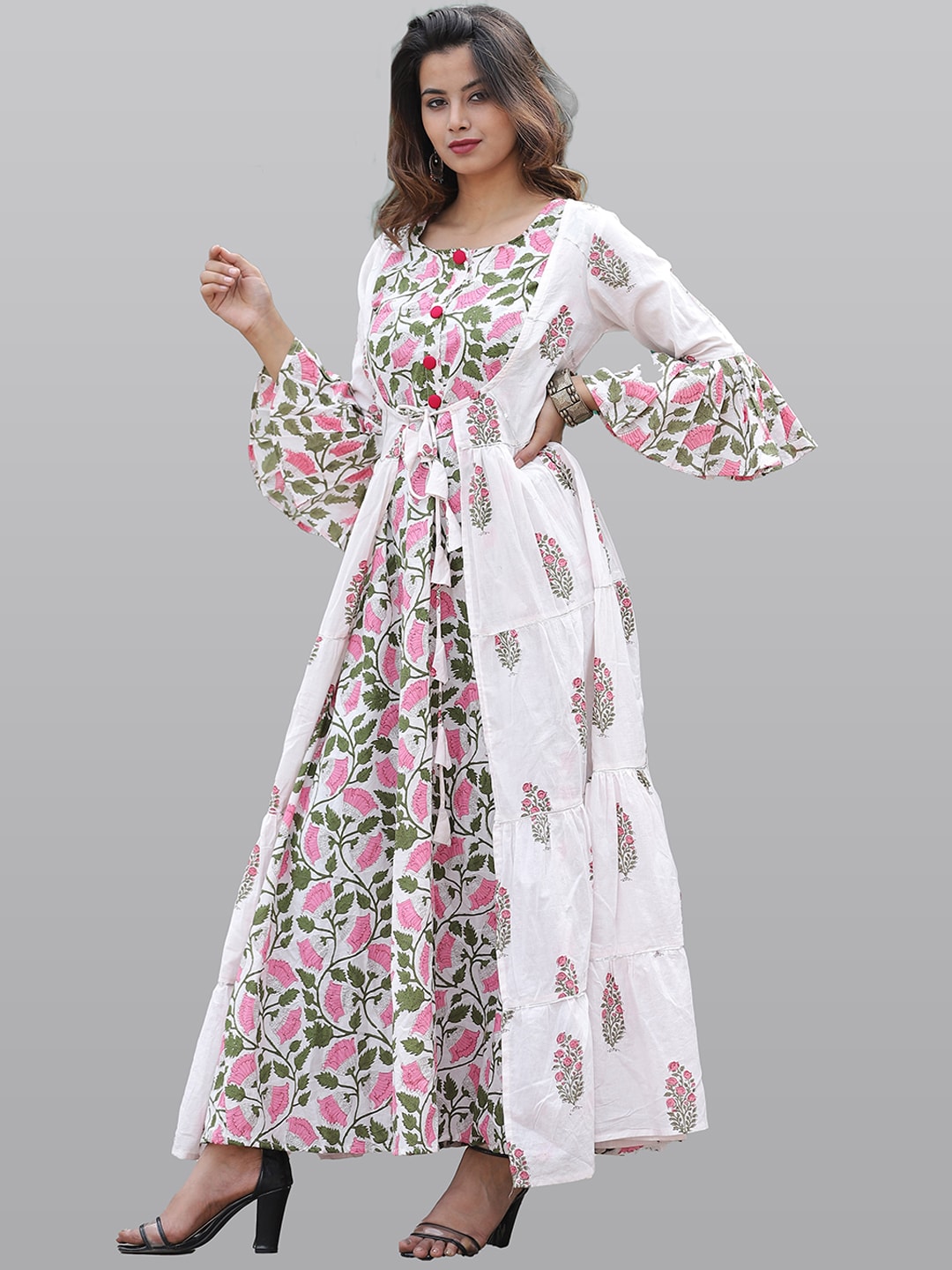 Kalini Women White & Pink Floral Printed Flared Sleeves Floral Anarkali Kurta - Distacart