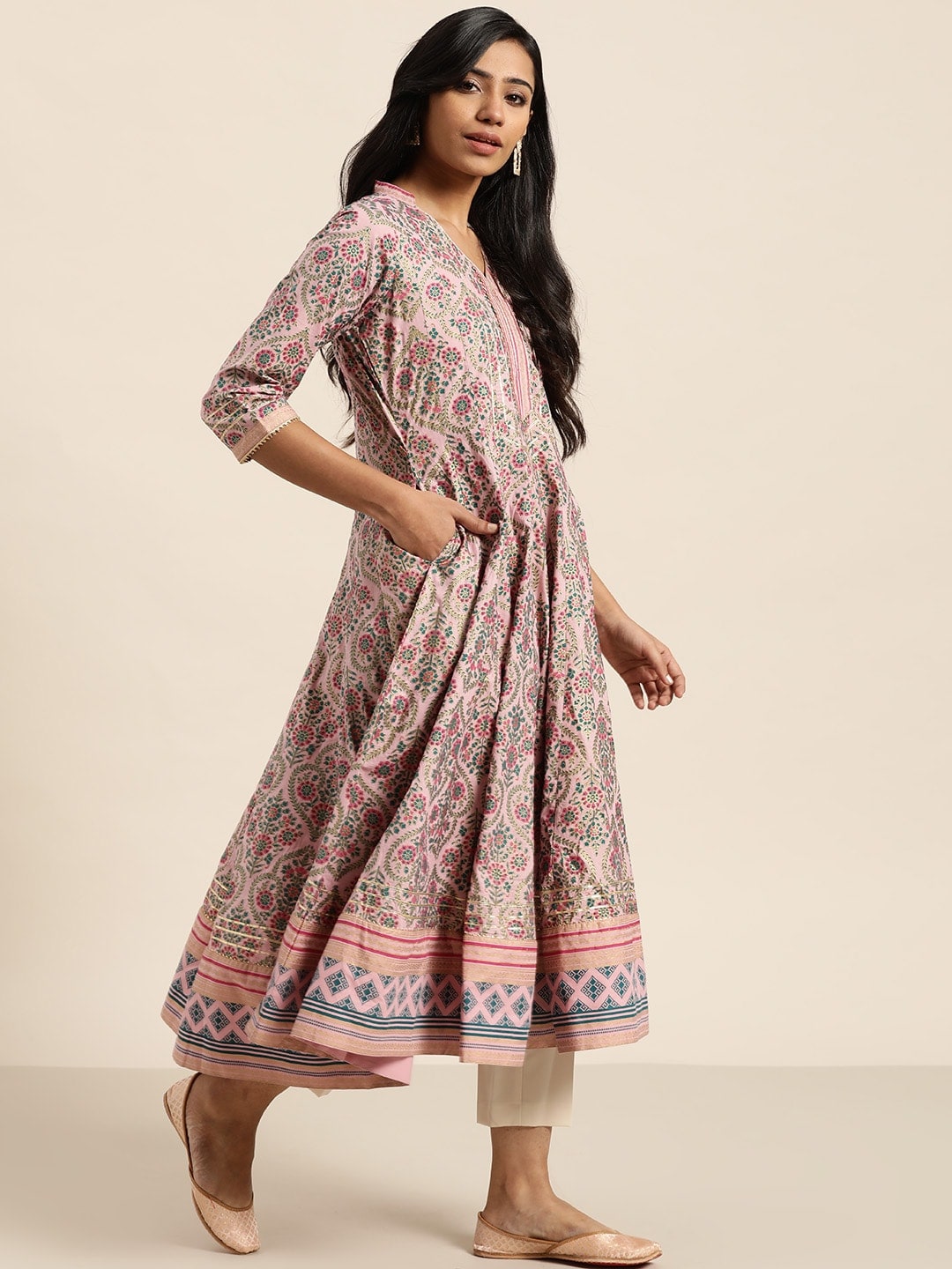 Sangria Women Pink & Green Ethnic Print Anarkali Kurta - Distacart