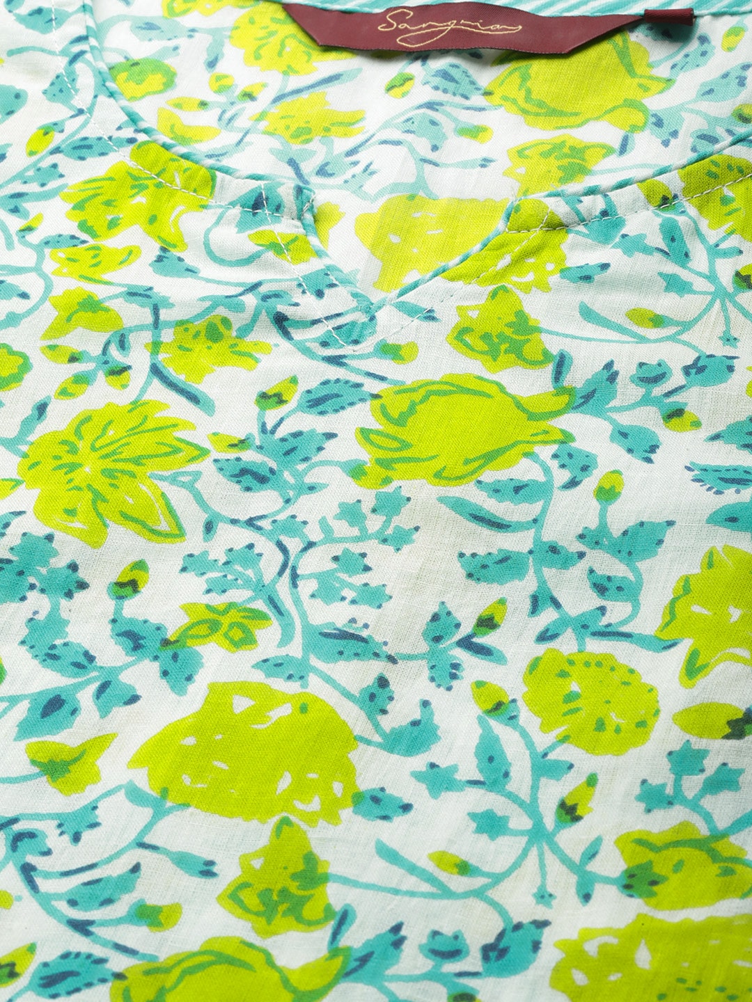 Sangria Women Blue & Yellow Floral Printed Pure Cotton Kurta with Trousers - Distacart