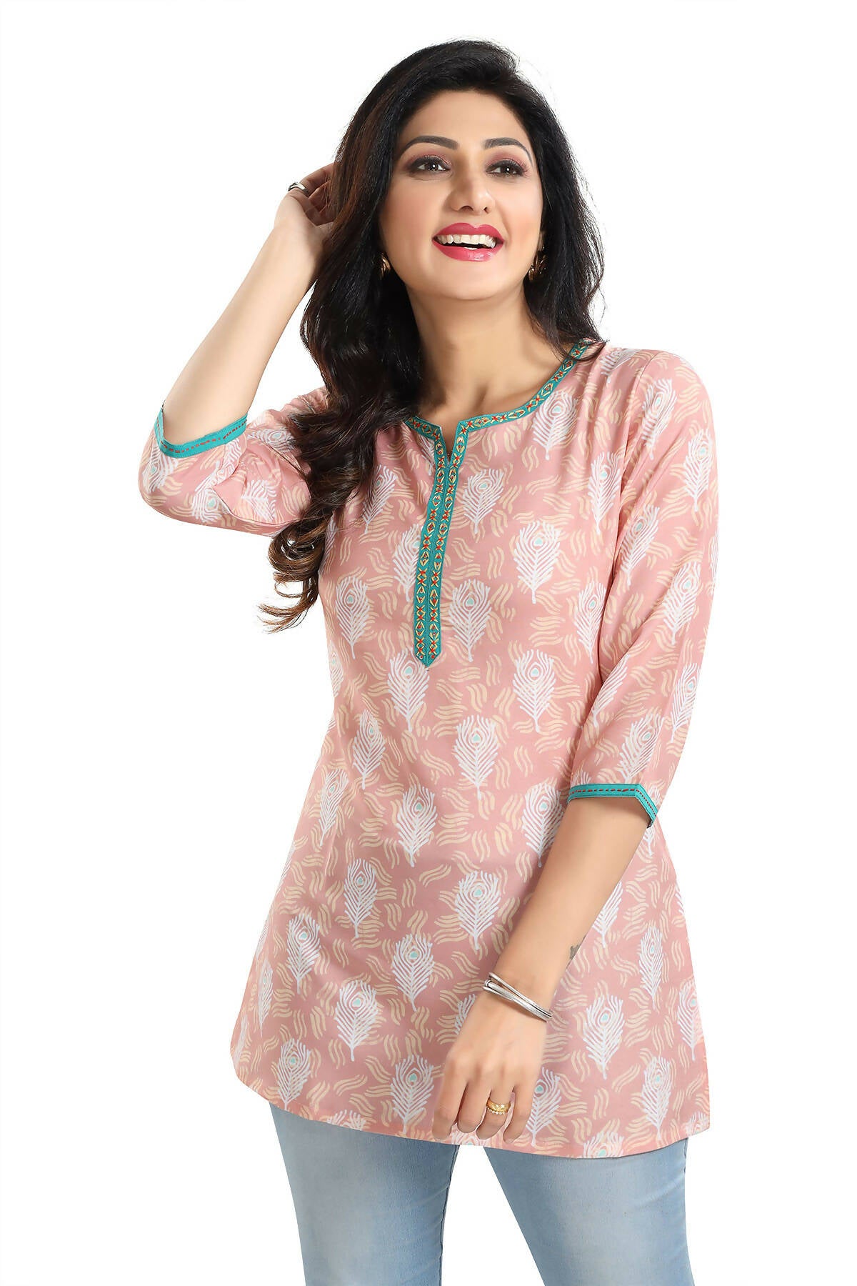 Snehal Creations Pretty Pastel Peach Rayon Short Kurti Tunic Top - Distacart