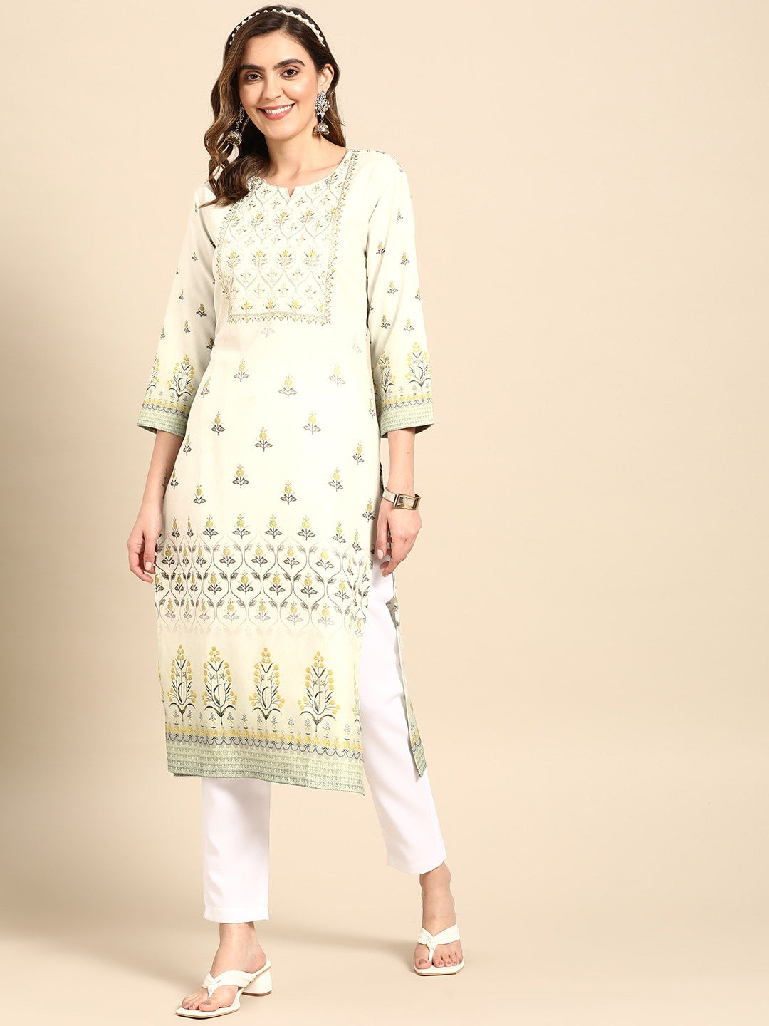 Sangria Women Green Floral Yoke Design Kurta - Distacart