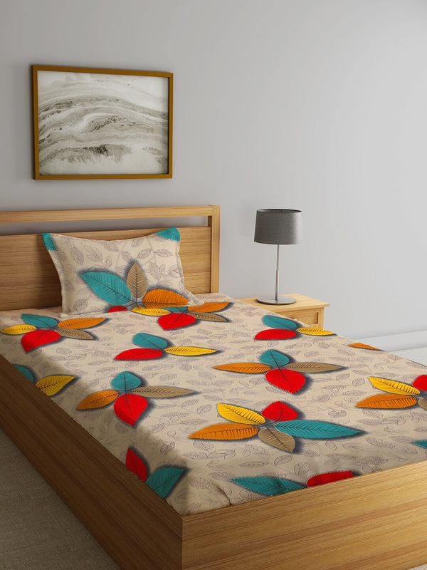 Home Sizzler Cream-Coloured & Red Floral 144 TC Bedsheet with Pillow Covers - Distacart