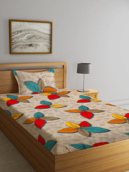 Home Sizzler Cream-Coloured & Red Floral 144 TC Bedsheet with Pillow Covers - Distacart