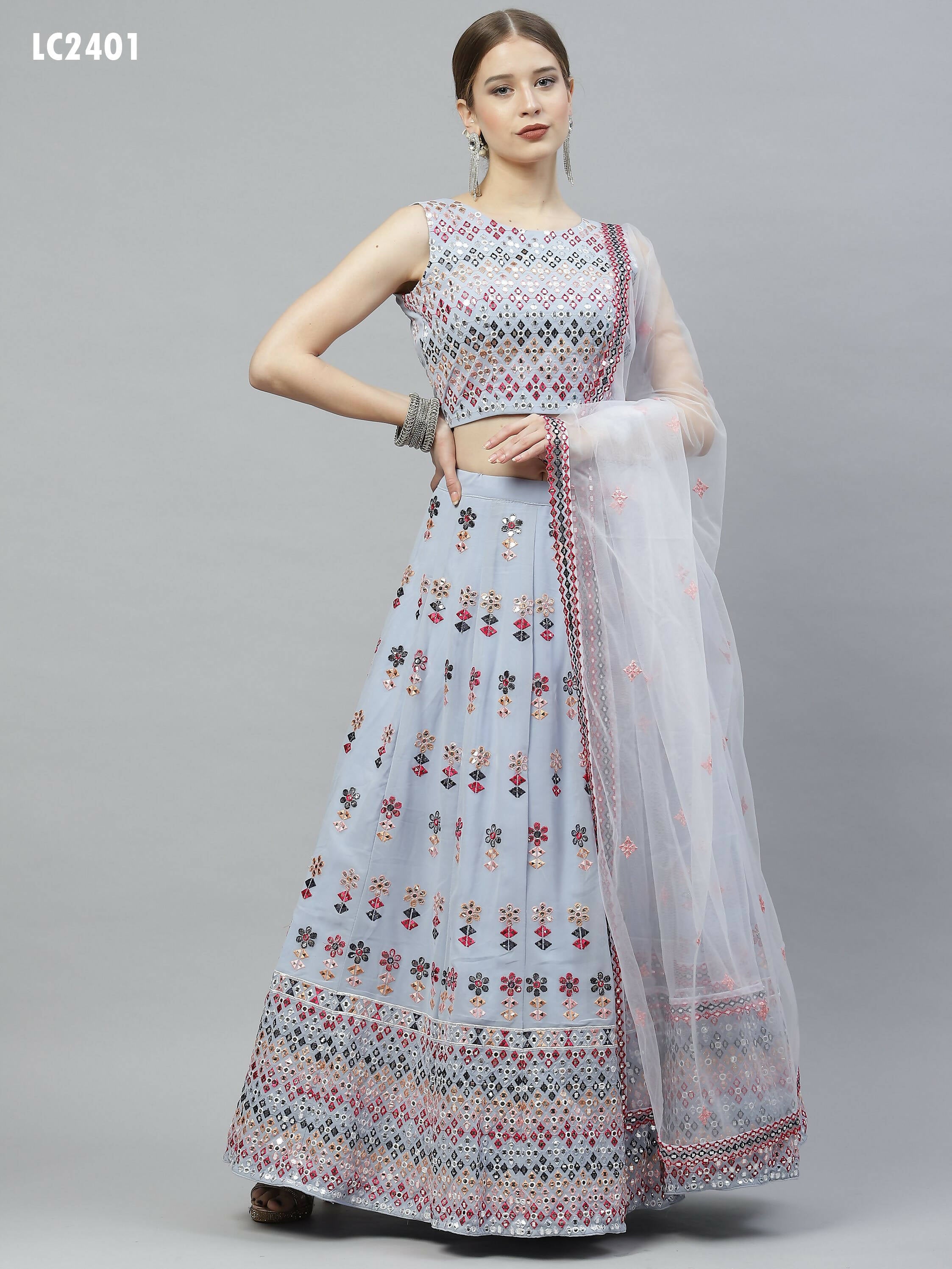 Sky Blue Georgette Heavy Embroidery mirror Work Lehenga Choli with Dupatta - Jivika - Distacart