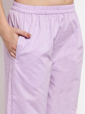 Myshka Women's Light Purple Cotton Solid 3/4 Sleeve Round Neck Casual Kurta Pant Dupatta Set