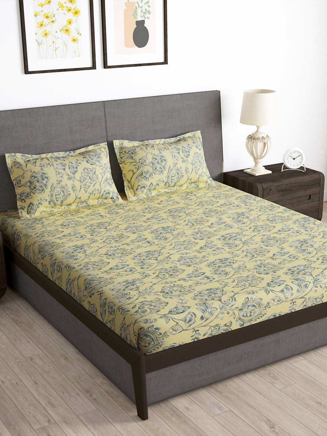 Story@home Cream-Coloured & Grey Floral Microfiber 180 TC Bedsheet & Pillow Cover - Distacart