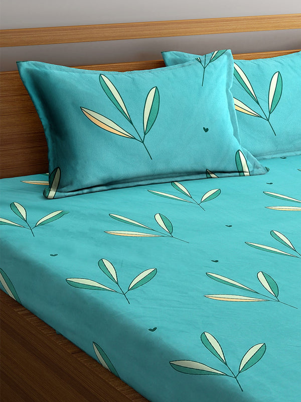 Home Sizzler Turquoise Blue & White Floral 144 TC Polyester 1 Queen Bedsheet with 2 Pillow Covers - Distacart