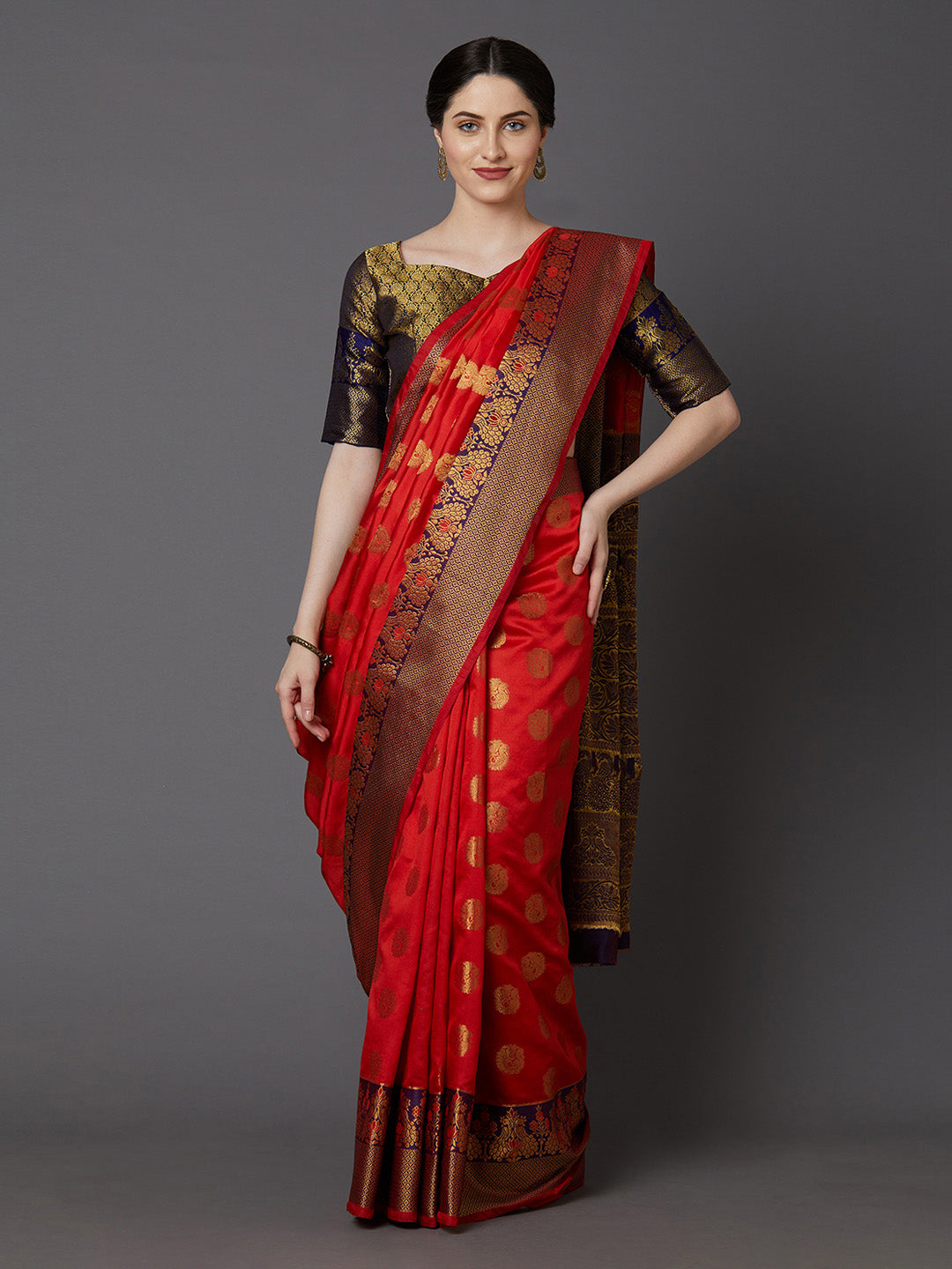 Mitera Red & Gold-Coloured Silk Blend Woven Design Banarasi Saree - Distacart