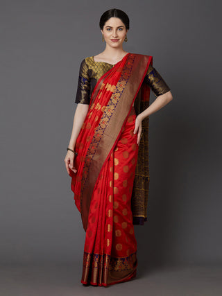 Mitera Red & Gold-Coloured Silk Blend Woven Design Banarasi Saree - Distacart