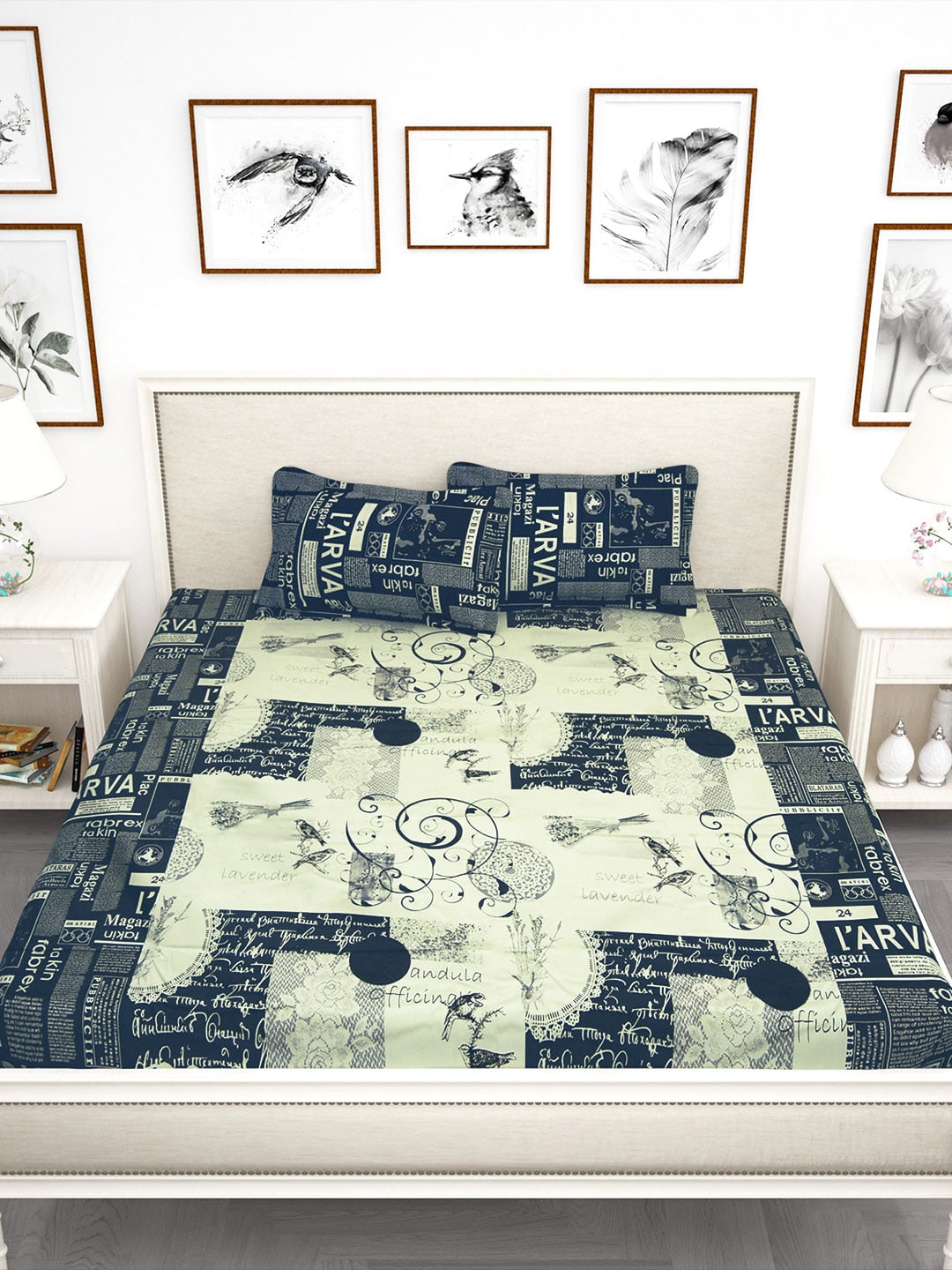 Story@home Blue & Off White Conversational King Bedsheet with 2 Pillow Covers - Distacart