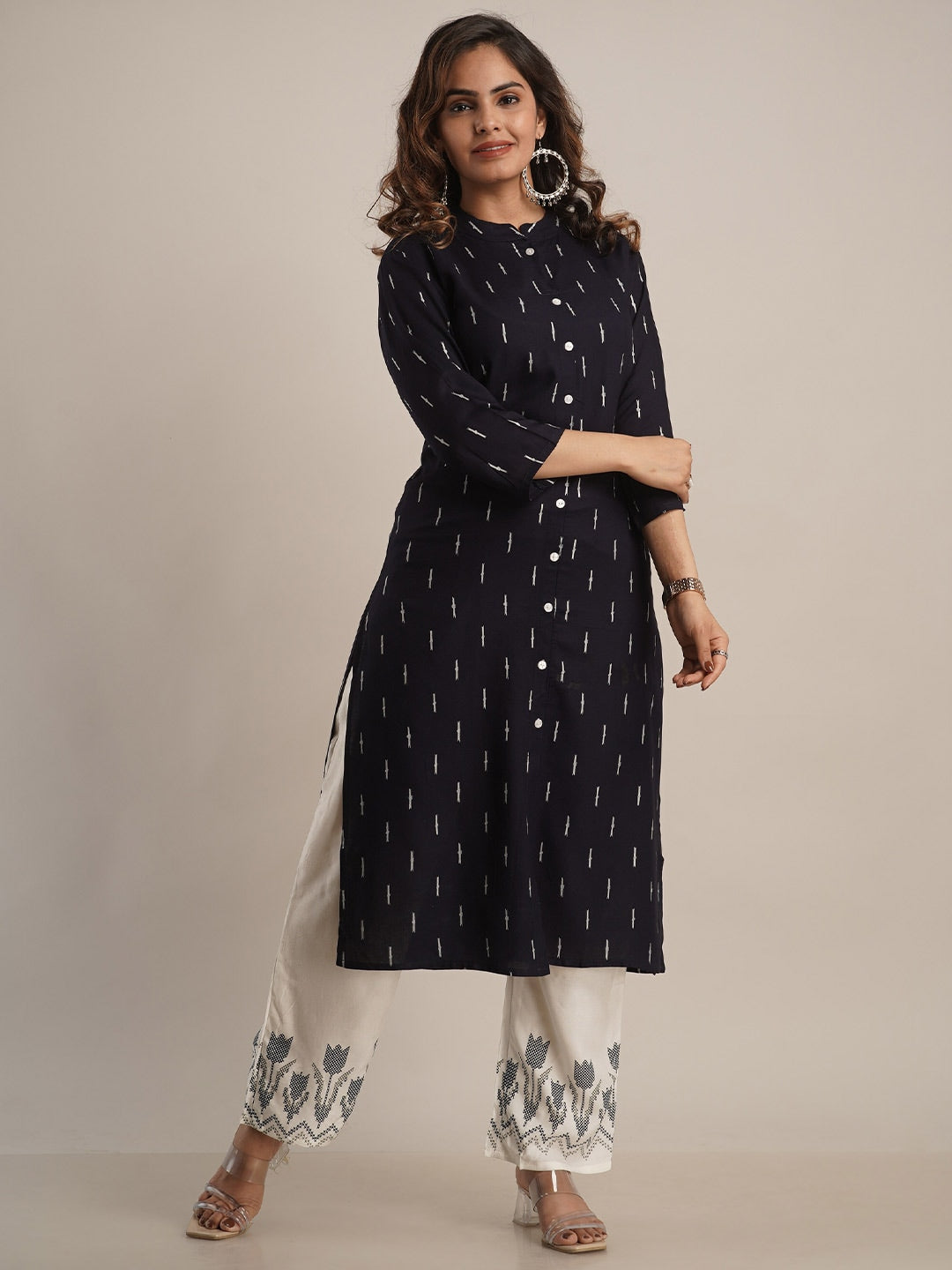 Kalini Women Navy Blue Printed Kurta With Palazzos - Distacart