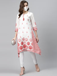 Thumbnail for Biba Women White Pink Printed Pure Cotton A-Line Asymmetric Kurta - Distacart