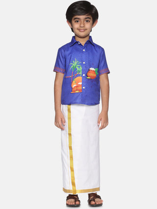 Sethukrishna Boys Blue & White Printed Shirt With Pure Cotton Dhoti Set - Distacart