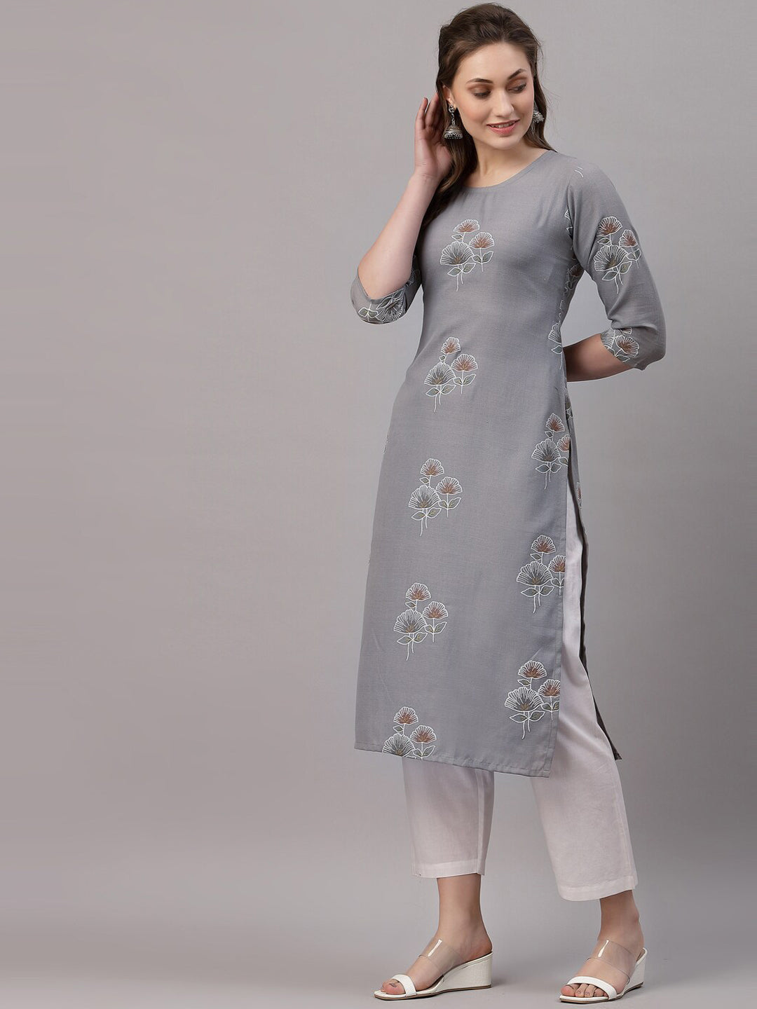Kalini Women Grey Ethnic Motifs Printed Straight Kurta - Distacart