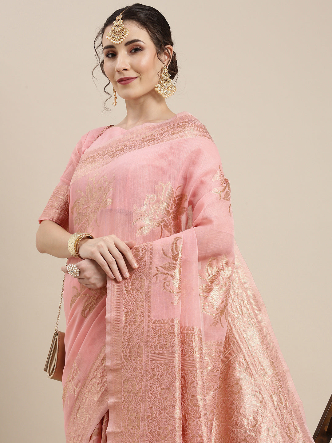 Saree Mall Pink Floral Linen Blend Banarasi Saree - Distacart