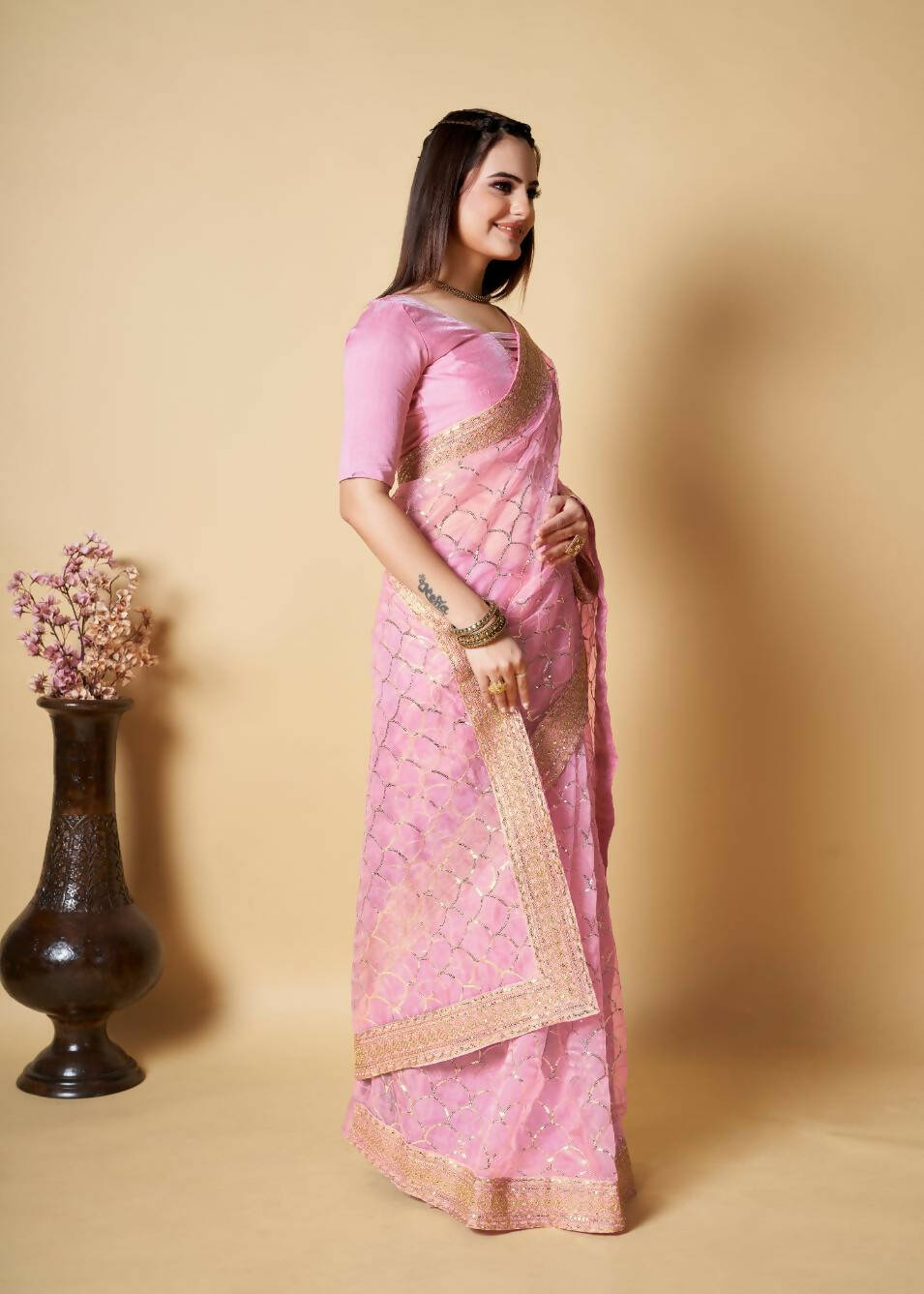 Vamsee Pink Organza Saree - Distacart