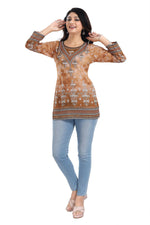 Thumbnail for Snehal Creations Rustic Brown Faux Crepe Printed Short Kurti Tunic Top - Distacart
