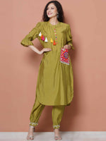Thumbnail for Women Republic Green Art Silk Embroidered Kurta with Afghani Salwar - Distacart