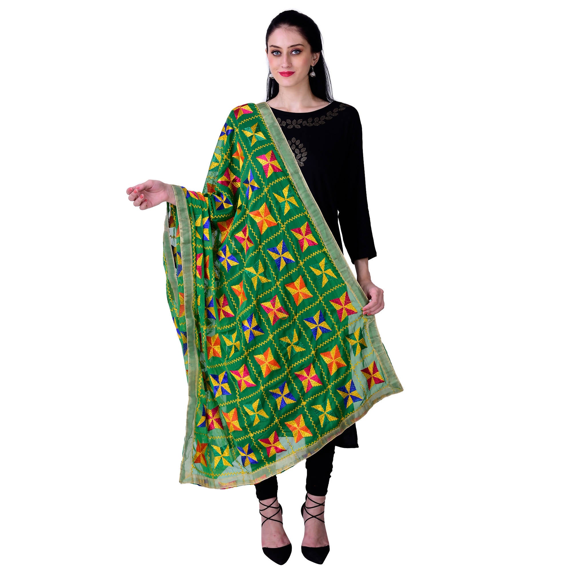 SWI Stylish Embroidered Phulkari Chiffon Green Dupatta