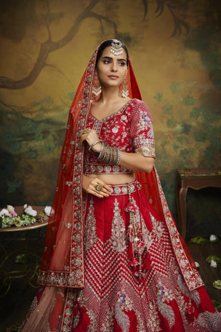 House of Panchhi Red Pure Silk Moti & Zarkan heavy embroidery Lehenga choli & Dupatta - Distacart