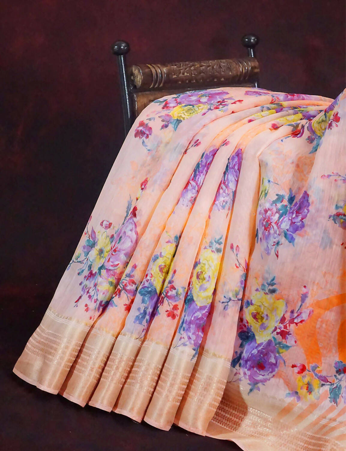 Vibrant Combination of Baby Peach and Orange with Floral Design Semi Chanderi Saree By Gayathri Reddy Designer Studio - Distacart