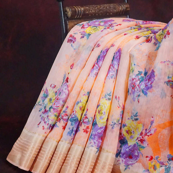 Vibrant Combination of Baby Peach and Orange with Floral Design Semi Chanderi Saree By Gayathri Reddy Designer Studio - Distacart