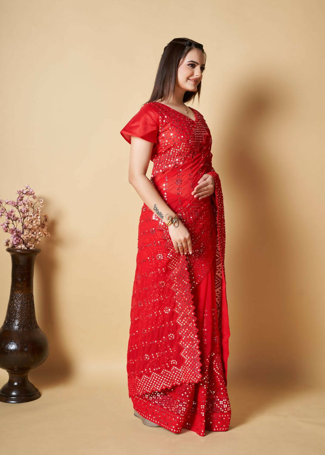 Vastrasky Red Georgette Designer Saree - Distacart