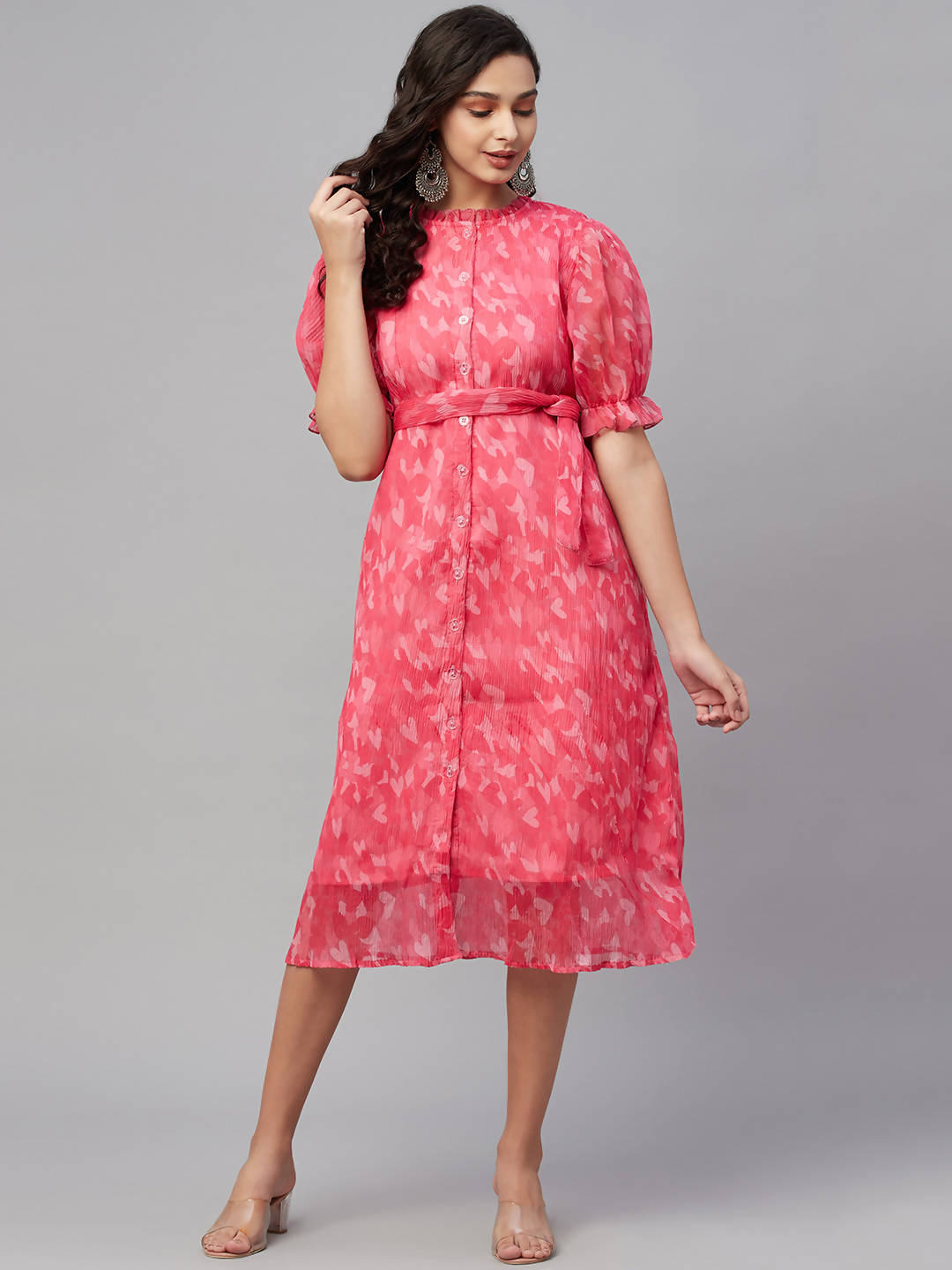 Myshka Women Pink Printed Half Sleeve Round Dress - Distacart