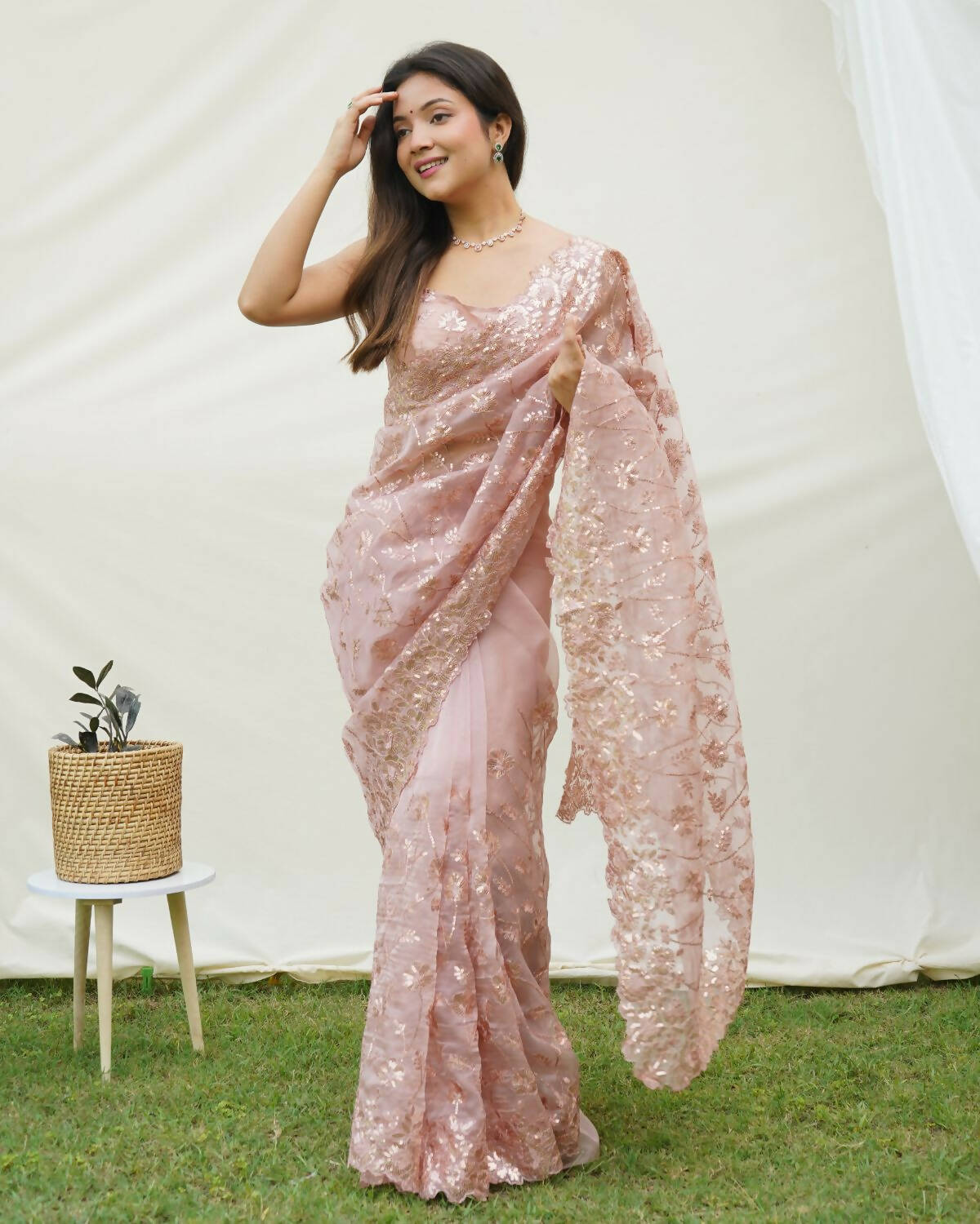 Vamsee Brown Organza Saree - Distacart
