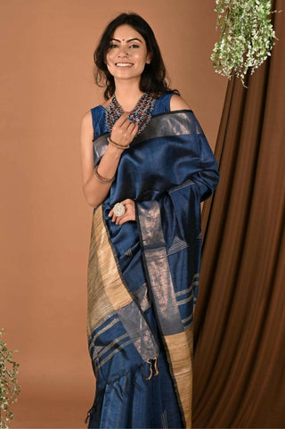 Very Much Indian Handloom Pure Dupion Silk Saree With Sleek Golden Border - Blue - Distacart