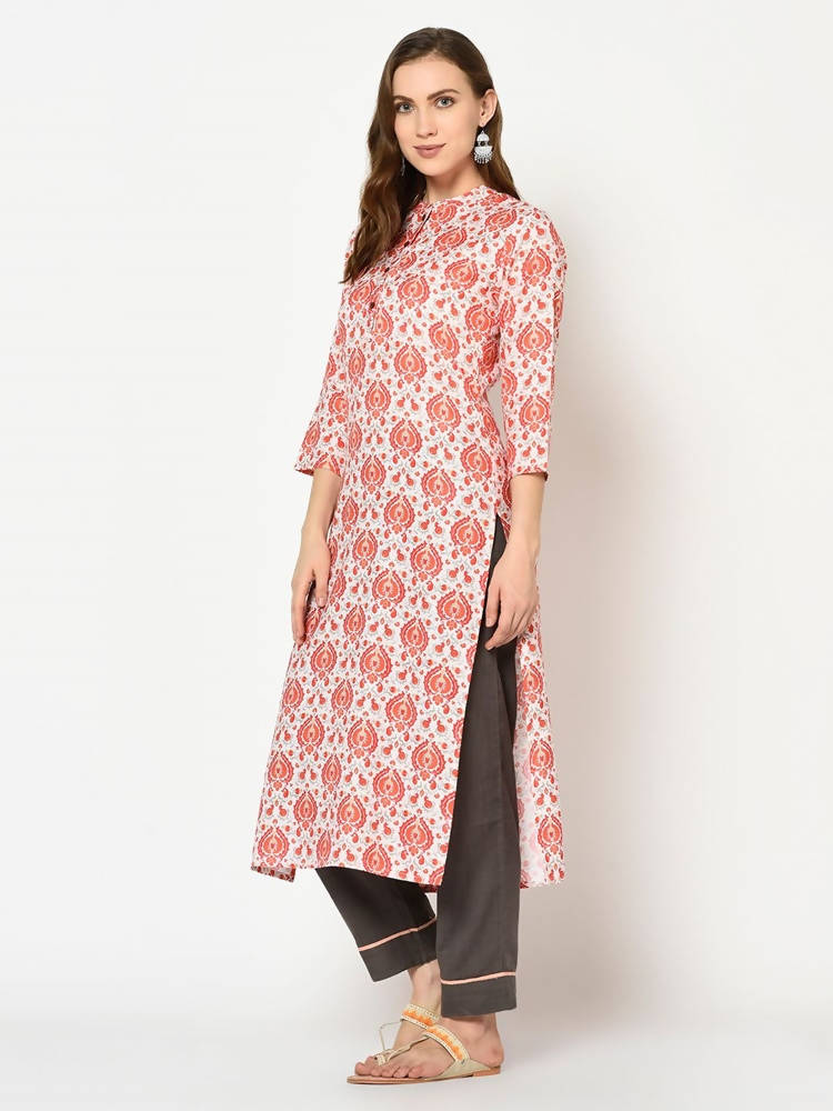 Yufta Women Red & Beige Printed Straight Kurta