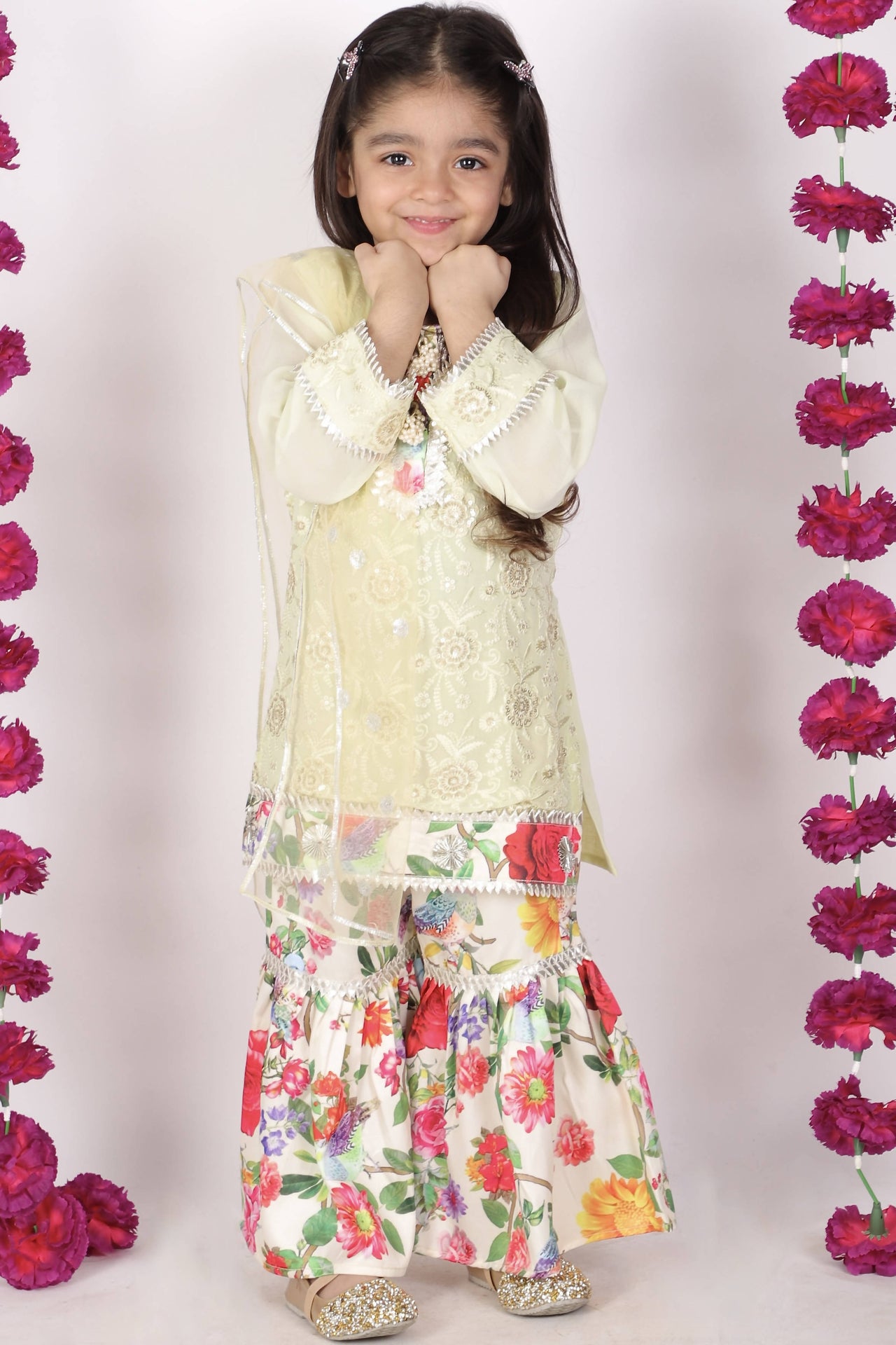 Little Bansi Pista Green and yellow Color Rose Floral Embrodiery Kurta with Floral Sharara
