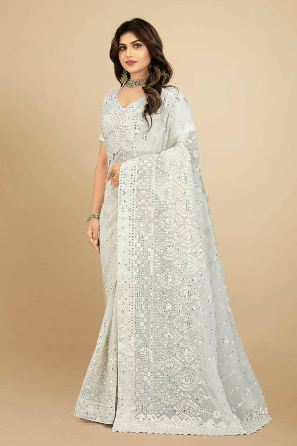 Vastrasky White Georgette Designer Saree - Distacart