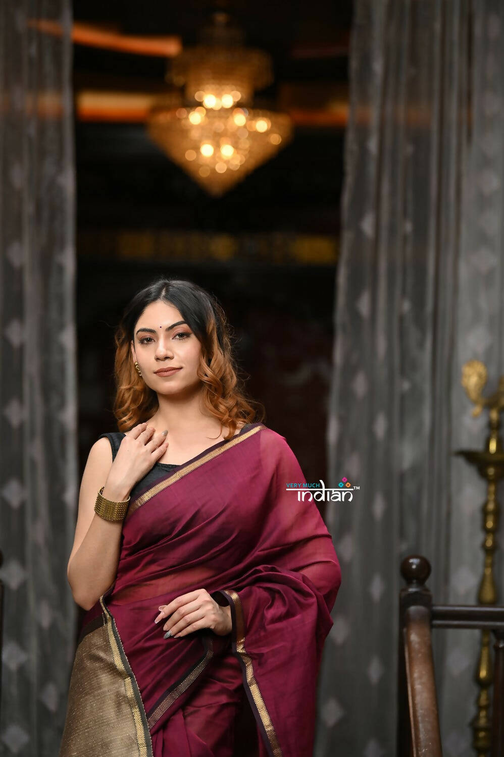 Very Much Indian VMI Exclusive Designer! Handloom Cotton Silk Saree With Sleek Golden Border - Maroon Shade - Distacart