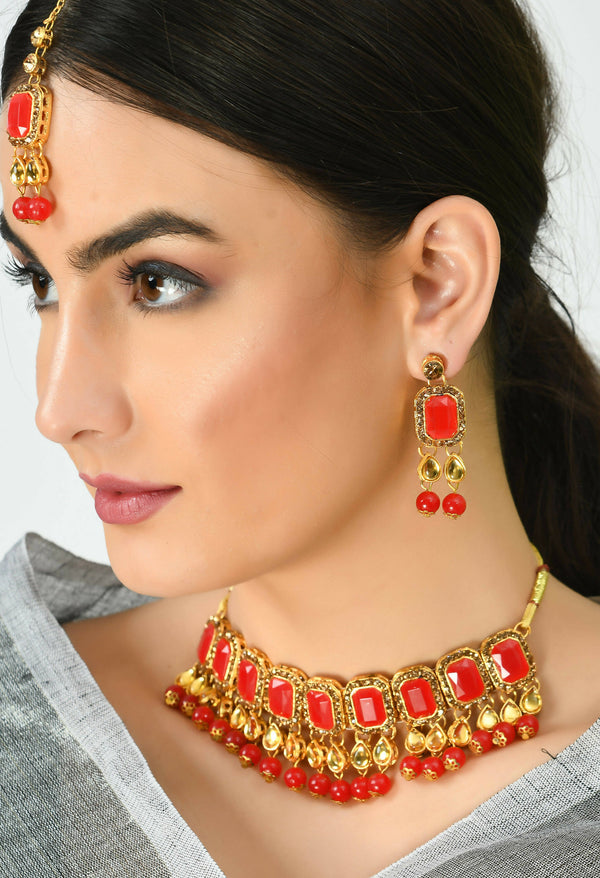 Mominos Fashion Johar Kamal Gold-Plated Brass Finish Kundan/Pearls Choker For Women (Red) - Distacart
