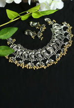 Thumbnail for Mominos Fashion Johar Kamal Oxidised Silver-Plated Brass Finish Peacock Choker For Women (Silver/Golden) - Distacart